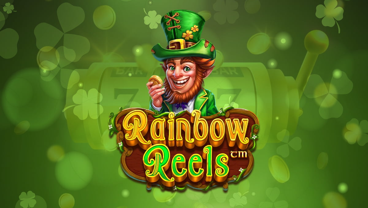 Rainbow Reels slot logo on a green clover background