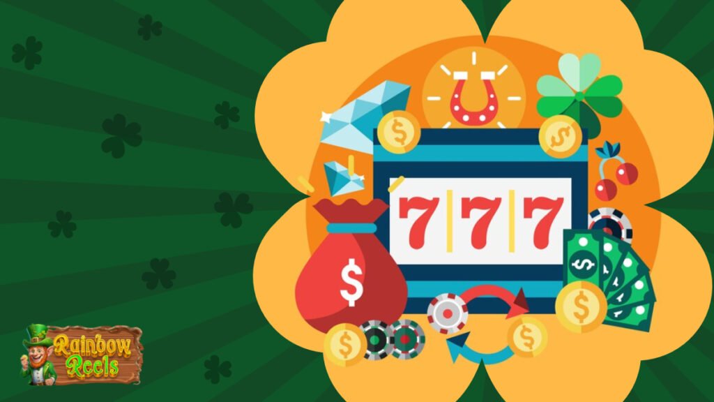 Casino slot surrounded by horse shoe, four-leaf clover and money.